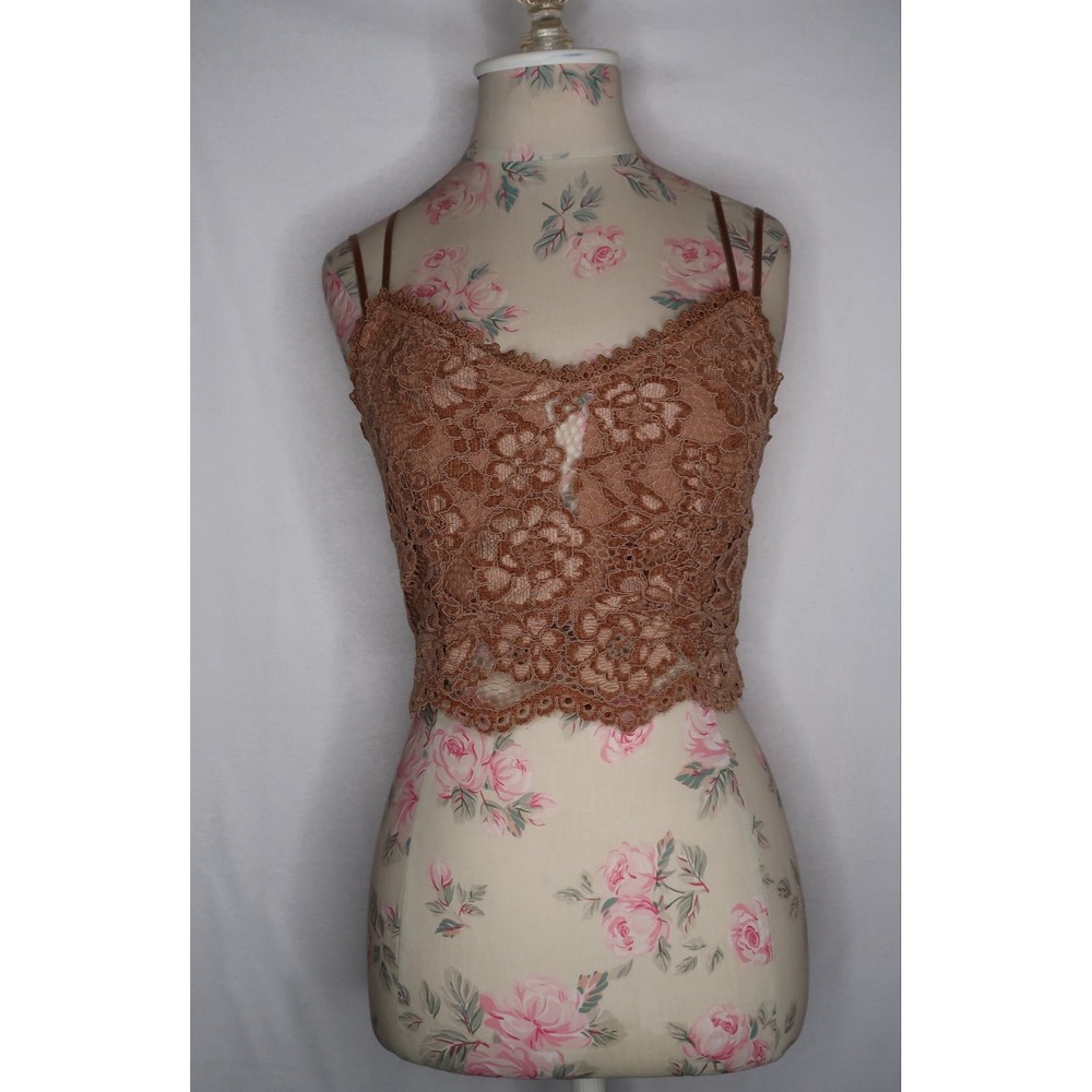 BKE Essentials Brown Floral Lace Bralette Crop Top Womens Large Strappy Back Y2K